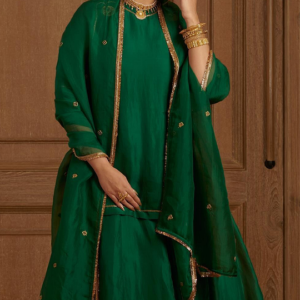 Semi-Silk Kurta Pant Dupatta Set (Emerald Green)